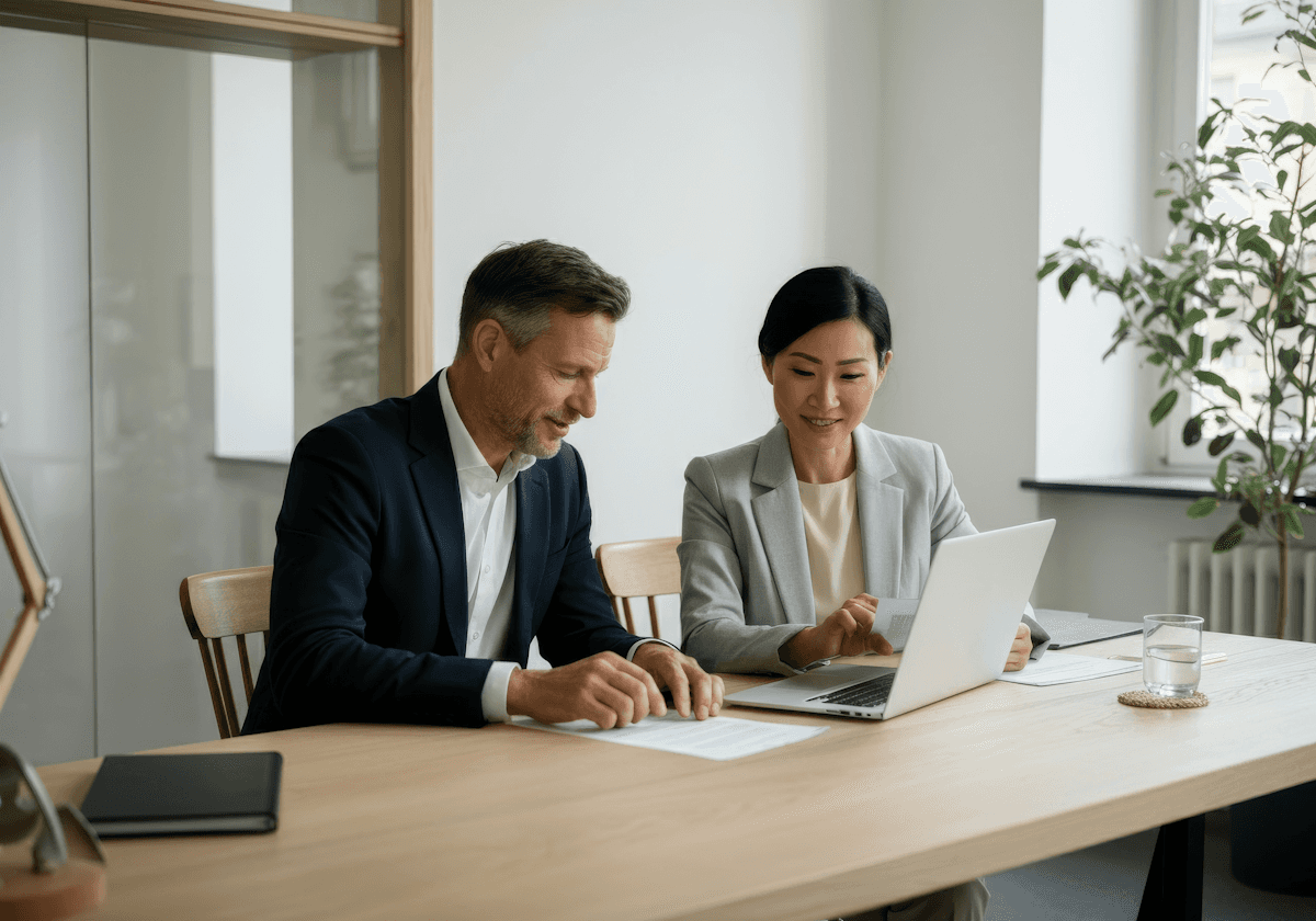 Two professionals sit at a desk in a bright office, reviewing documents and working on a laptop. The atmosphere is collaborative and focused.