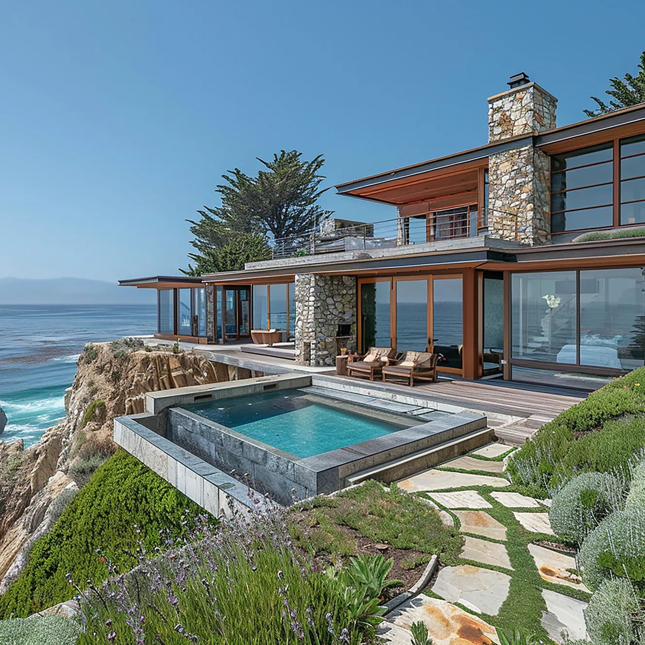 Coastal luxury home with stone and glass design perched on a cliff. Infinity pool, wooden deck, and ocean views evoke tranquility and sophistication.
